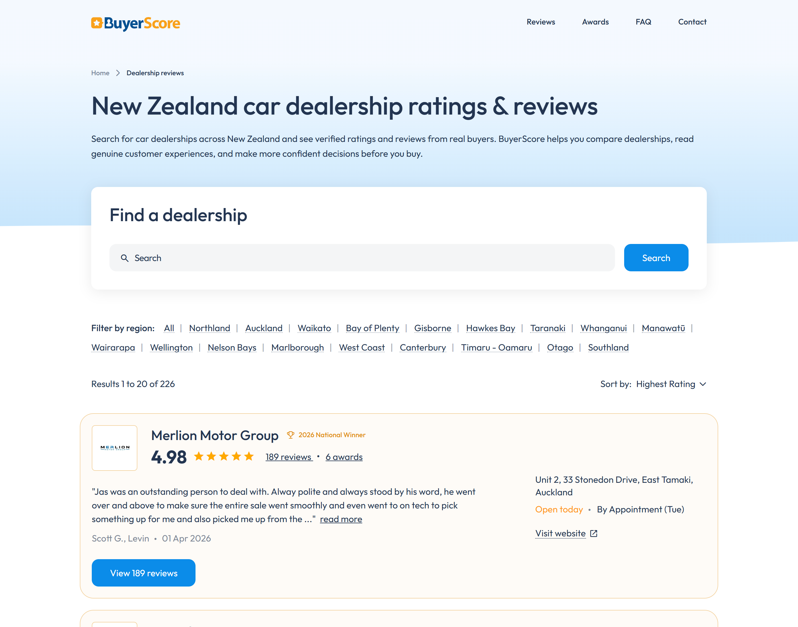 BuyerScore dealership listings page after redesign