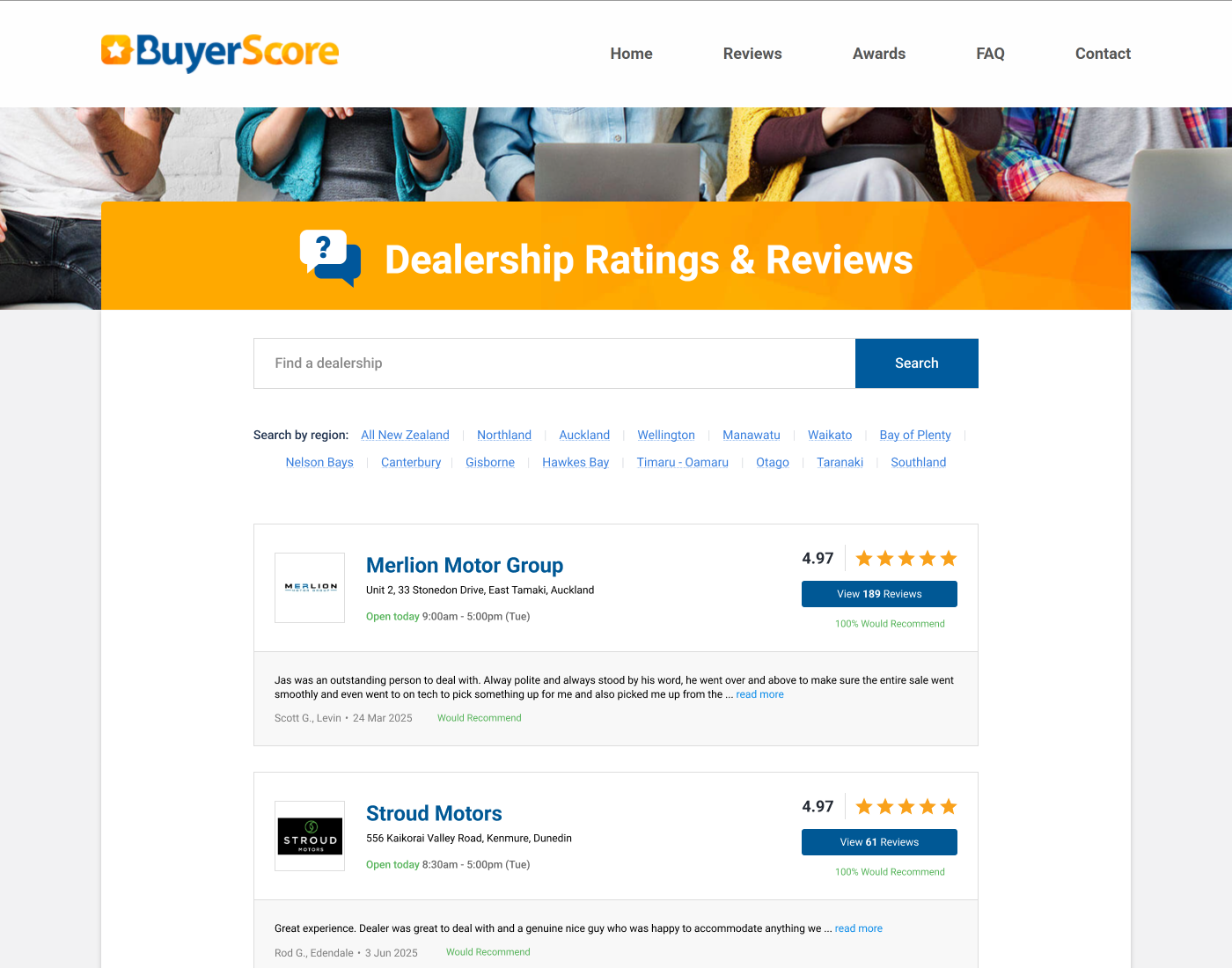 BuyerScore dealership listings page before redesign