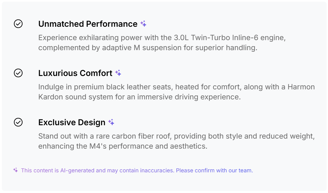 AI-generated vehicle highlights on the listing page