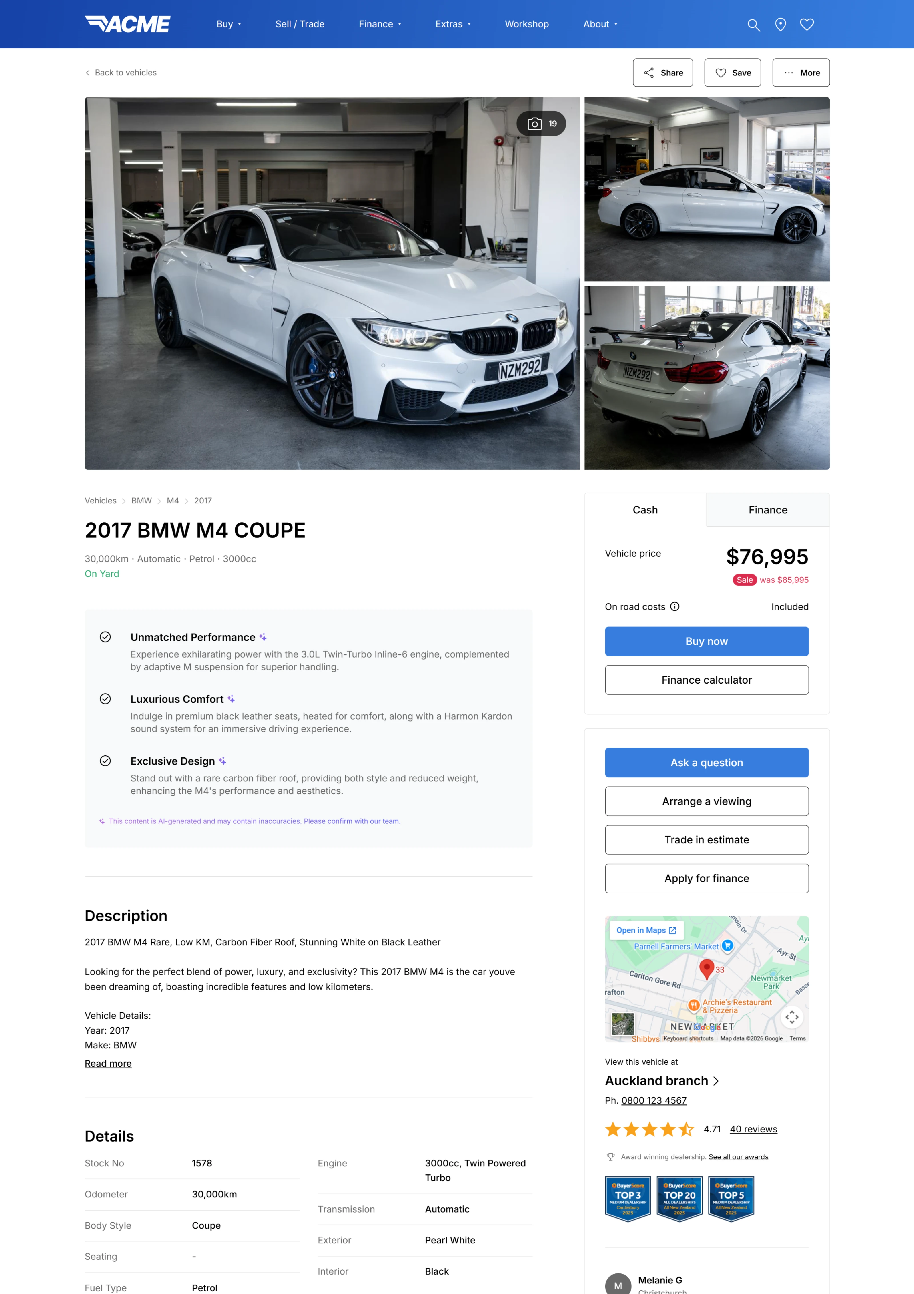 single vehicle page on the demo website