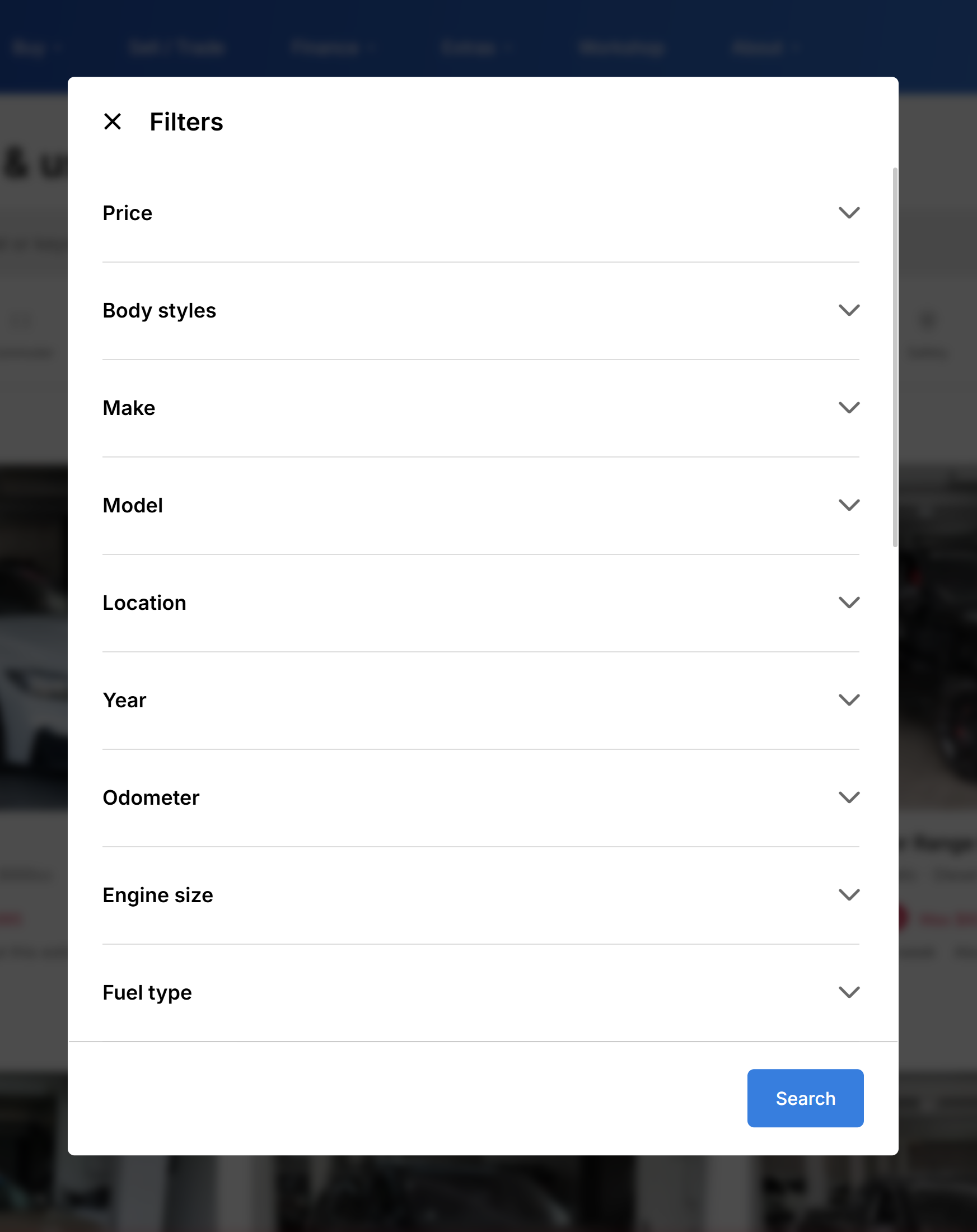 Advanced filters modal with collapsed drawers