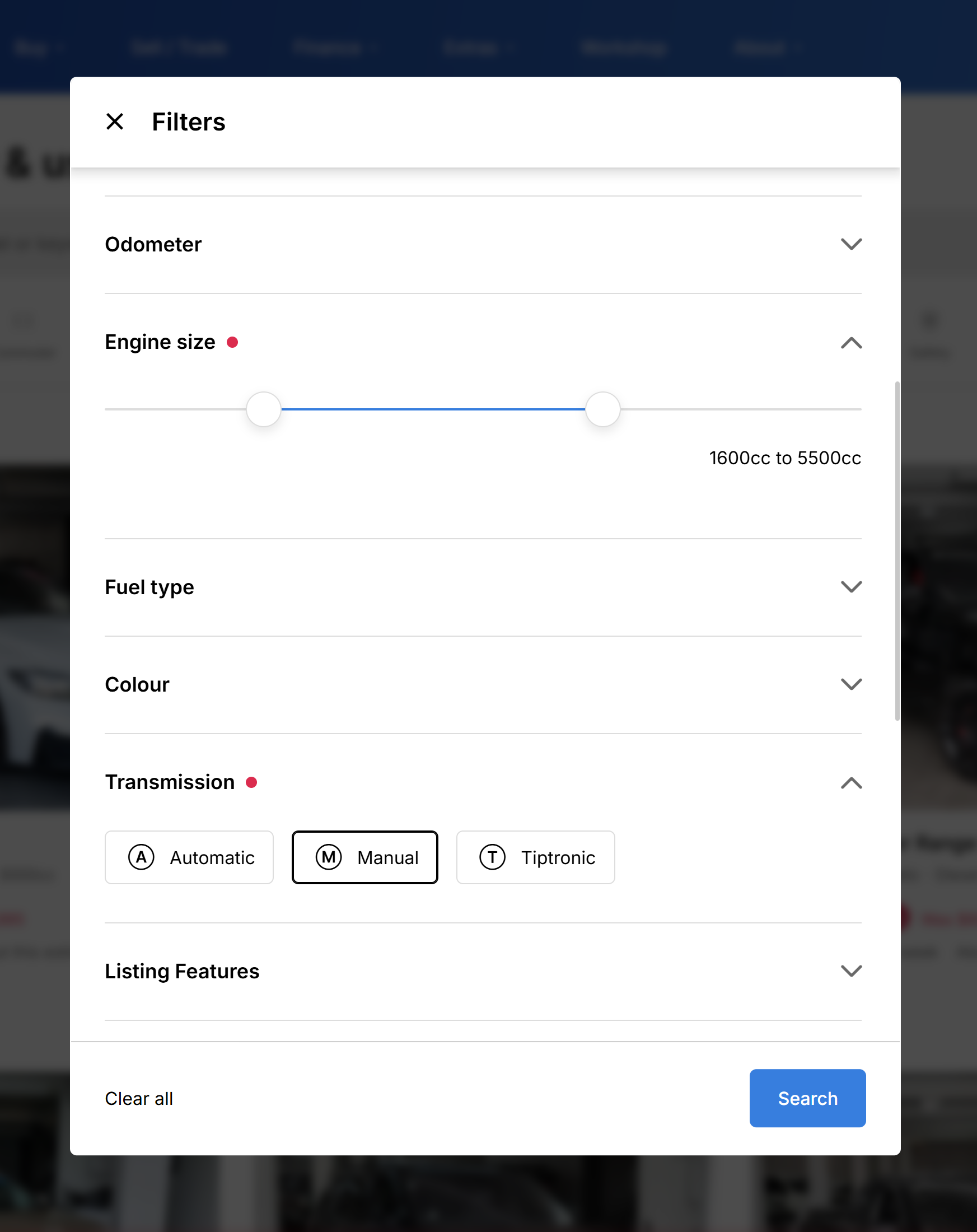 Advanced filters modal with open drawers