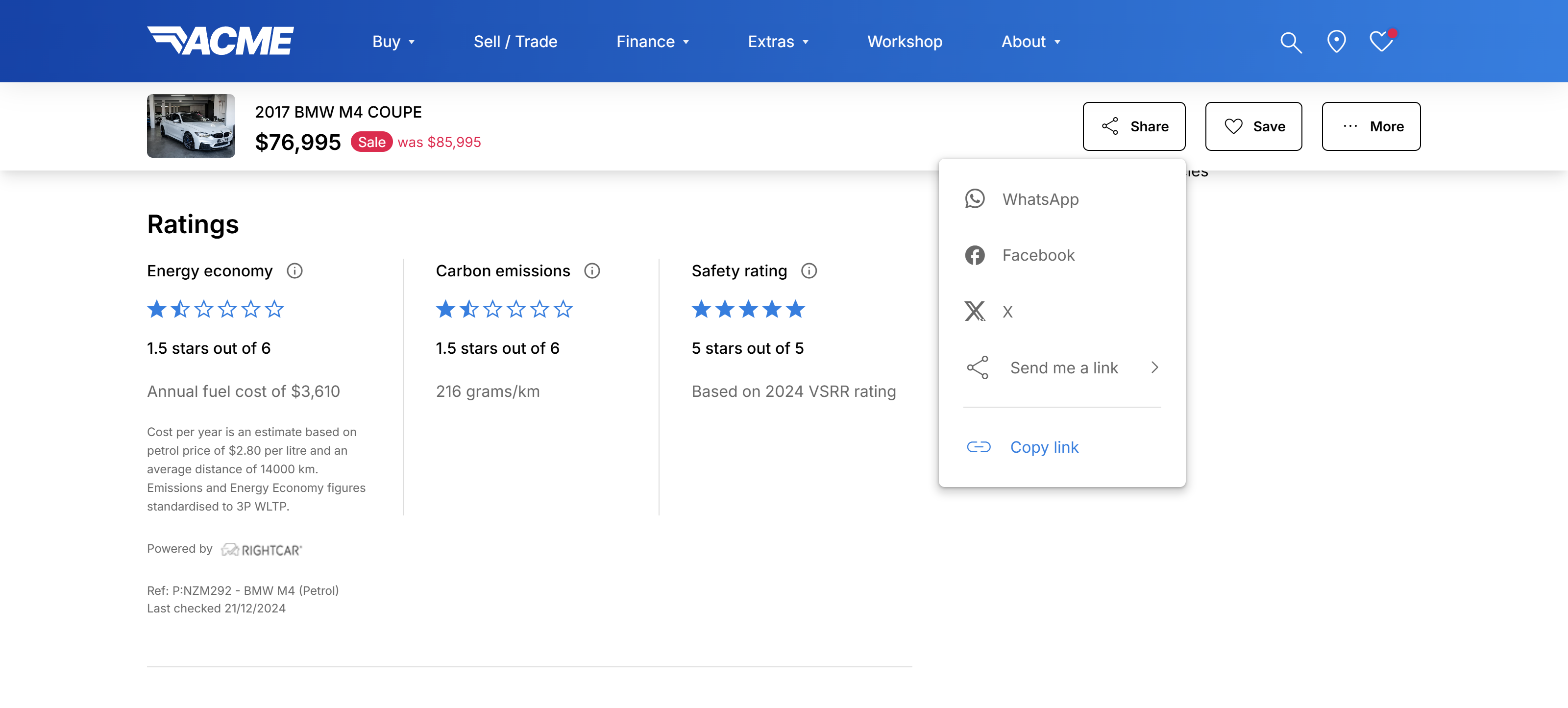 Sticky header on the vehicle listing page