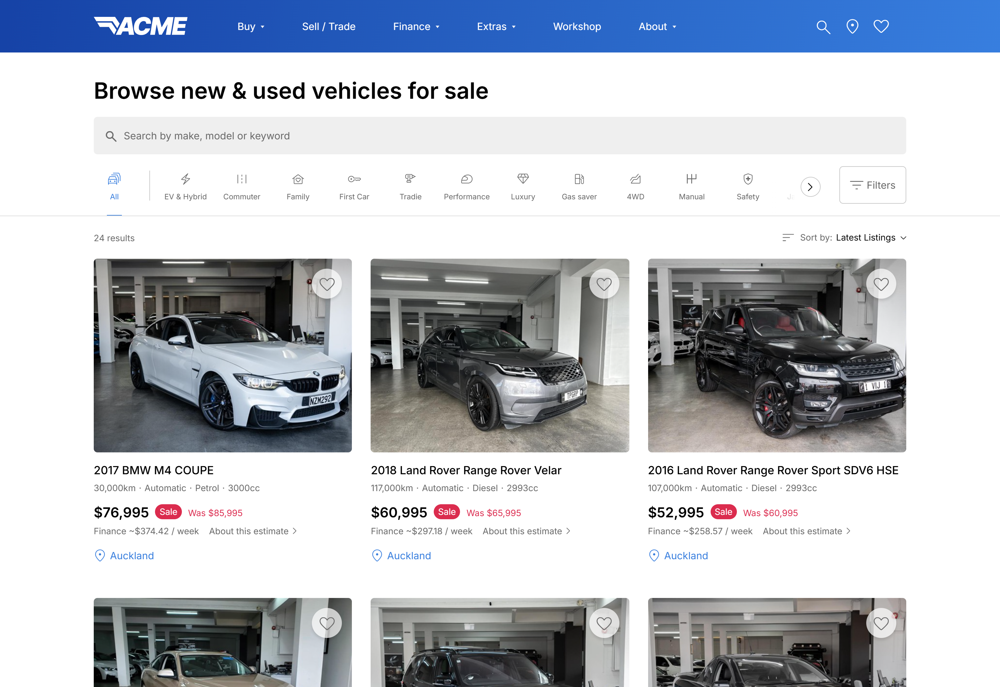 Vehicle browse and listing page